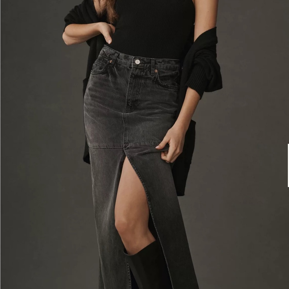 Reformation Tazz‎ Maxi Denim Skirt In Faded Black Color With Split Front Size 28 - Picture 5 of 11